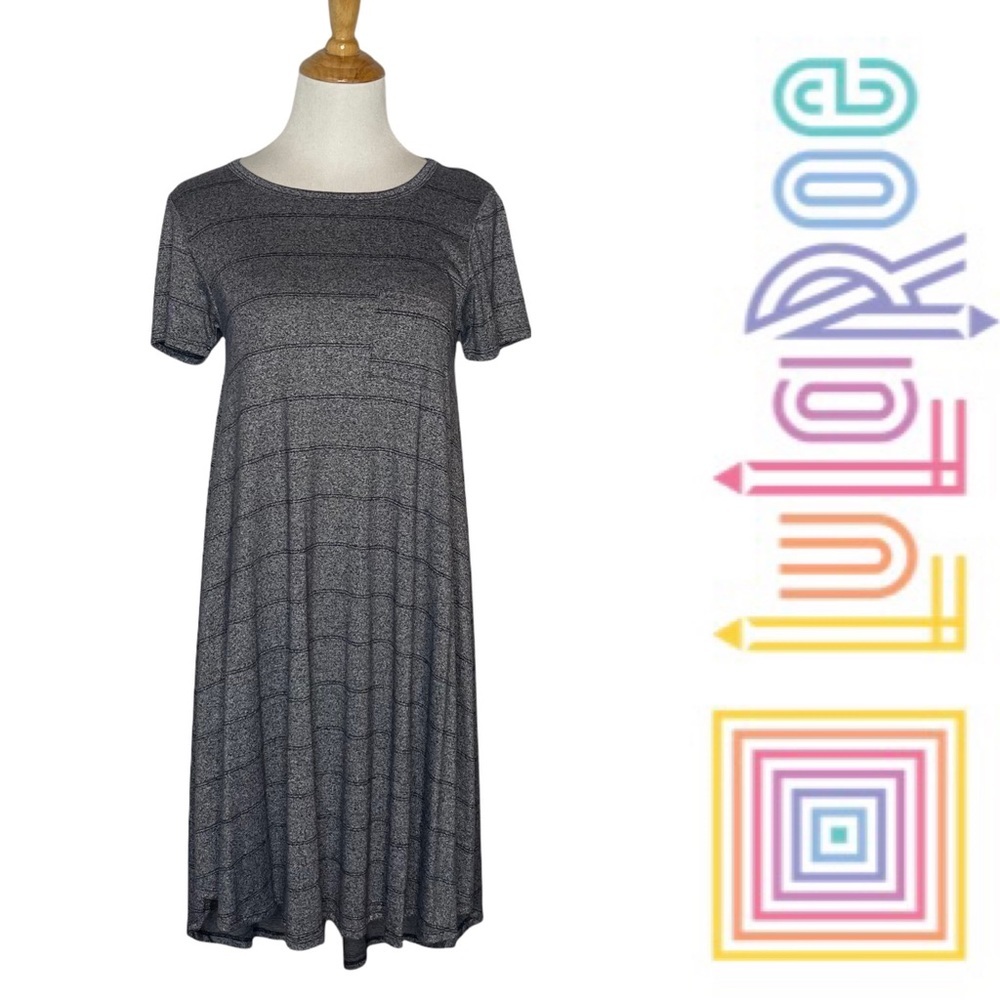Lularoe Carly Swing Dress Gray with Thin Navy Stripes xxs